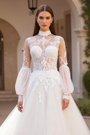 Modest A-Line Ivory Appliqued High Neck Wedding Dress With Long Sleeves